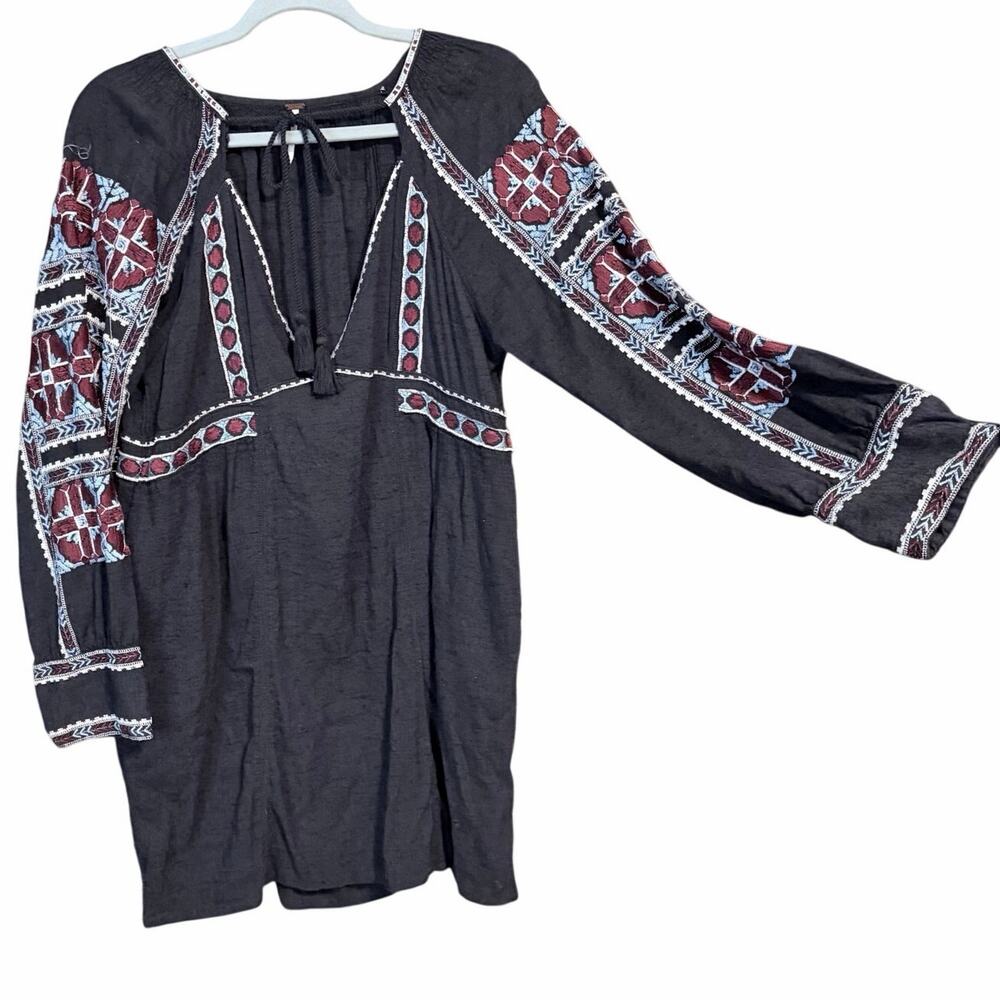 Free people cotton blend black boho embroidered dress long sleeve medium mosaic